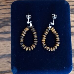 Earrings Tigers Eye Brown Beaded Hoops Sterling Silver